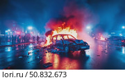 Fiery wreck at night in a city street, reflecting neon light and intense flames. Стоковое AI-видео, аниматор Данила Большаков / Фотобанк Лори