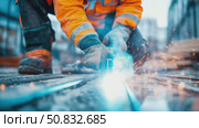 Skilled laborer joining metal with brilliant electric arc and scattering incandescent particles on jobsite. Стоковое AI-видео, аниматор Данила Большаков / Фотобанк Лори