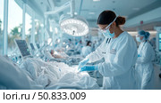 Hospital ICU: A doctor in personal protective equipment cares for a patient in intensive care unit during a health crisis. Стоковое AI-изображение, AI-художник Данила Большаков / Фотобанк Лори