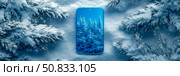 Winter Solstice Mobile Wallpaper: Snowy Forest Screen Concept, Frozen Fir Branch Digital Display. Стоковое AI-изображение, AI-художник Данила Большаков / Фотобанк Лори