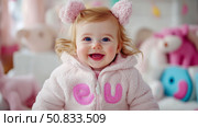 Joyful Childhood: A Radiant Baby Girl's Portrait in Soft Pink Attire, Perfect for Children's product promotion. Стоковое AI-изображение, AI-художник Данила Большаков / Фотобанк Лори