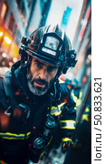 Heroic Firefighter: Portrait of Courage and Determination in the Face of Danger, for awareness campaign. Стоковое AI-изображение, AI-художник Данила Большаков / Фотобанк Лори