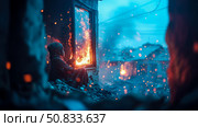 Silent Witness: Girl by Burning Window in War-Torn Town, Hope Amidst Destruction. Стоковое AI-изображение, AI-художник Данила Большаков / Фотобанк Лори