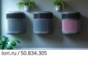 Modern Interior with Air Purifiers and Green Plants: Enhancing Home Air Quality for Improved Wellness, Promoting Healthy Living. Стоковое AI-изображение, AI-художник Данила Большаков / Фотобанк Лори