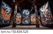 Grandiose Exhibition: Intricate Dragons, Phoenixes and Mythic Creatures adorn Towering Panels within Vast Hall, bathed in ethereal Light. Стоковое AI-изображение, AI-художник Данила Большаков / Фотобанк Лори