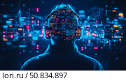 Cyberpunk immersion: Mind interface, virtual world integration for new generation technologies of simulated reality. Стоковое AI-изображение, AI-художник Данила Большаков / Фотобанк Лори