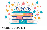 Literacy Concept: Whimsical Stack of Books with Glasses and Stars. Стоковое AI-изображение, AI-художник Данила Большаков / Фотобанк Лори