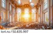 Architectural decay: The sunburst illuminating a ruined palace hall with crumbling columns and debris strewn across the floor. Стоковое AI-изображение, AI-художник Данила Большаков / Фотобанк Лори