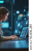 Process automation to efficiently manage files. Businesswoman working on laptop with virtual screen. Online documentation database and cloud document management system concept. Стоковое AI-видео, аниматор Sergey Grishin / Фотобанк Лори