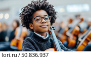Young Prodigy: Portrait of a Boy with Cello in Symphony Orchestra. Стоковое AI-изображение, AI-художник Данила Большаков / Фотобанк Лори