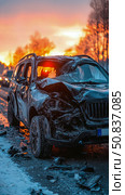 Car Crash: Wrecked automobile, destruction following road traffic incident, insurance claim background, automobile accident aftermath, safety awareness campaign. Стоковое AI-изображение, AI-художник Данила Большаков / Фотобанк Лори