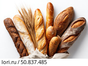 Assortment of Baked bread. Loaf of Bread. Fresh Bakery Products. Healthy Food Concept. Top View. Homemade Sourdough Bread Variety with Flour on a White Background. Wheat Spikes. Close Up. Advertising. Стоковое AI-изображение, AI-художник Марина Демидюк / Фотобанк Лори