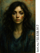 An emotional portrait of a young woman with an expressive gaze and streaks of paint resembling tears running down her cheeks. The painting is done in a painterly manner, using deep shadows, muted colors and textured brushstrokes. The image conveys feelings of pain, inner struggle, fatigue and silent dignity. Suitable for themes: psychology, emotions, female power, depression, art therapy, portrait art, contemporary painting. Стоковое AI-изображение, AI-художник Анна Кривицкая / Фотобанк Лори