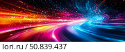 Abstract Speed of Light: High Velocity Futuristic Journey into Data Stream, Neon Burst Effect, for Technological Advancement Presentation. Стоковое AI-изображение, AI-художник Данила Большаков / Фотобанк Лори