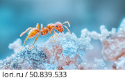 Macro of Orange Ant on an icy landscape. Стоковое AI-изображение, AI-художник Данила Большаков / Фотобанк Лори