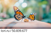 Two Monarchs Sharing Nectar: A Serene Garden Encounter. Стоковое AI-изображение, AI-художник Данила Большаков / Фотобанк Лори