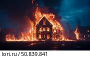 Nightmare: a burning house in total conflagration, destruction and loss. Стоковое AI-изображение, AI-художник Данила Большаков / Фотобанк Лори