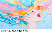 Euphoria: a woman's joyful expression with flowing colorful hair, representing freedom and inner happiness. Стоковое AI-изображение, AI-художник Данила Большаков / Фотобанк Лори