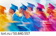 Graduation Day: colorful cohort of graduates moving towards a bright future. Стоковое AI-изображение, AI-художник Данила Большаков / Фотобанк Лори
