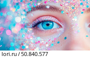 Eye art: A mesmerizing aquamarine eye adorned with iridescent, pastel glitter, capturing the beauty and enchantment of creative makeup. Стоковое AI-изображение, AI-художник Данила Большаков / Фотобанк Лори