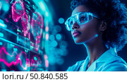 A visionary researcher with advanced glasses, scrutinizing digital medical data streams in a modern futuristic lab. Стоковое AI-изображение, AI-художник Данила Большаков / Фотобанк Лори