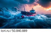 Perilous Voyage: An oil tanker battles through a tempestuous sea near a snow-covered mountain at sunset. Стоковое AI-изображение, AI-художник Данила Большаков / Фотобанк Лори