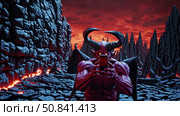 Demonic figure wielding smartphone, capturing selfie while displaying massive horns, dark wings against burning hellscape with molten lava, rocky terrain, crimson skyline. Стоковое AI-изображение, AI-художник Данил Руденко / Фотобанк Лори