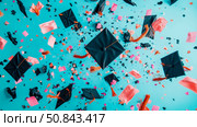 Joyful Graduation Celebration: Tossing Caps and Confetti on Blue, Design for card, poster. Стоковое AI-изображение, AI-художник Данила Большаков / Фотобанк Лори