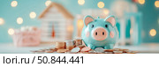 Savings concept: Piggy bank surrounded by gold & silver coin with soft pastel hue decor, suggesting financial prudence and investment. Стоковое AI-изображение, AI-художник Данила Большаков / Фотобанк Лори
