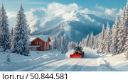 Winter Landscape: a snowplow clears a path near a cozy cabin in a snowy mountain, perfect for a holiday retreat advertising or postcard. Стоковое AI-изображение, AI-художник Данила Большаков / Фотобанк Лори