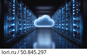 Cloud computing technology in modern data center with server racks and glowing cloud icon symbolizing digital storage and connectivity. Стоковое AI-изображение, AI-художник Катерина Бондарец / Фотобанк Лори