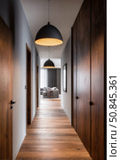 Modern hallway interior with wood accents and warm pendant lighting. Стоковое AI-изображение, AI-художник Катерина Бондарец / Фотобанк Лори