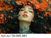 Art portrait of a mysterious girl with closed eyes, immersed in the atmosphere of mysticism and nature. Her dark hair is intertwined with scarlet poppy petals, birds and dry herbs, creating the image of an ancient goddess or forest nymph. The color palette is warm, with an emphasis on the contrast between rich red and deep black. An elegant tattoo or pattern on the neck resembles plant roots. This image symbolizes unity with nature, inner strength and wild beauty. Ideal for themes of magic, nature, femininity and fantasy. Стоковое AI-изображение, AI-художник Анна Кривицкая / Фотобанк Лори