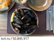 Steamed mussels with green sauce. Стоковое фото, фотограф Яков Филимонов / Фотобанк Лори
