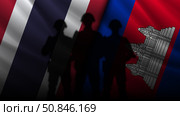 Vector wavy national flags of Kingdom of Thailand and Kingdom of Cambodia. Relations between asian countries. Political and economic banner. Dark shadows of soldiers. Стоковая иллюстрация, иллюстратор GAlexS / Фотобанк Лори