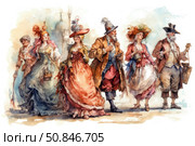 Watercolor illustration of a group of men and women in historical costumes of the Renaissance. Bright clothes, intricate details of outfits, hats with feathers and rich texture of fabric create an atmosphere of celebration and elegance of old balls and city festivities. The figures are animated by movement and interaction, conveying the spirit of the era. Suitable for thematic publications, historical projects, theater programs and books. Стоковое AI-изображение, AI-художник Анна Кривицкая / Фотобанк Лори