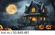 Terrible hunting house and Halloween Jack Lantern pumpkin in a scary forest with a dead tree. Frightening mood, bats, light in the windows, full moon, fog, twilight. Illustration. AI generated. Стоковое AI-видео, аниматор Ольга Симонова / Фотобанк Лори