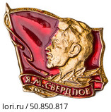 Яков Михайлович Свердлов — российский революционер, советский политический и государственный деятель.  Нагрудный значок выпущенный в СССР. Стоковое фото, фотограф Евгений Мухортов / Фотобанк Лори