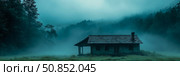 Secluded Haven: A cabin retreat amidst forest shrouded in mystery and mist, perfect for contemplation or a thrilling mystery novel cover. Стоковое фото, фотограф Данила Большаков / Фотобанк Лори