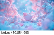 Sweet Valentines Tea Party: A heart-shaped treats, blossoms, and soft pastel tones for Valentines Day delight! Стоковое AI-изображение, AI-художник Данила Большаков / Фотобанк Лори