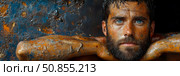 Portrait of man covered in earthy colors, conveying raw emotion, struggle and connection to nature. Стоковое AI-изображение, AI-художник Данила Большаков / Фотобанк Лори