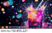 Celebration splash: A vibrant drink bursts with flavour and excitement, captured in a moment of colorful energy, perfect for party invites. Стоковое AI-изображение, AI-художник Данила Большаков / Фотобанк Лори