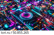 Abstract Circuit Board Illustration with Glowing Neon Lines for Technology Concept. Стоковое AI-изображение, AI-художник Данила Большаков / Фотобанк Лори