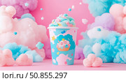 Candy dream world: pastel dessert cup with sweet cloudscape, food presentation, promotion for confectionary, celebration of color. Стоковое AI-изображение, AI-художник Данила Большаков / Фотобанк Лори