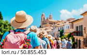 Holiday Concept: Summer Group Excursion in Valldemossa, Spain; Design for Print, Card, Poster. Стоковое AI-изображение, AI-художник Данила Большаков / Фотобанк Лори