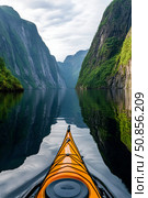 Explore Serene Waters While Kayaking Through Majestic Fjords on a Calm Day. Стоковое AI-изображение, AI-художник Юлия Гапеенко / Фотобанк Лори