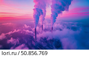 Pollution at Dusk: Factorys Impact on the Sky, with smoke rising into the sunset, signaling environmental issues and the debate over energy. Стоковое AI-изображение, AI-художник Данила Большаков / Фотобанк Лори