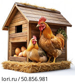 Modern Wooden Chicken Coop With Rooster and Hen in Front. Generative AI. Стоковое AI-изображение, AI-художник Roman Zavorotny / Фотобанк Лори