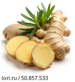 Fresh Ginger Root and Slices With Green Leaves on White Background. Generative AI. Стоковое AI-изображение, AI-художник Roman Zavorotny / Фотобанк Лори