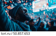 Celebration of Achievement: Person Exulting Amidst a Shower of Confetti. Стоковое AI-изображение, AI-художник Данила Большаков / Фотобанк Лори
